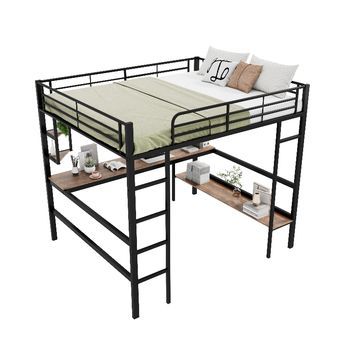 Cama Alta 140x200 Con Escritorio Y Estantería, Estructura De Metal, Ahorra Espacio, Negro