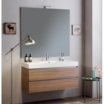 Mueble De Baño Suspendido 120cm En Roble Natural Con Lavabo De Resina Y Espejo 120x110 | Vittoria
