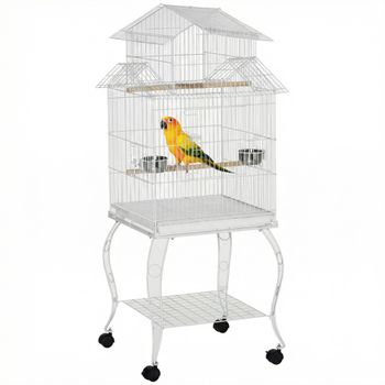 PawHut Jaula para Pájaros con Ruedas Jaula Grande con Soporte y Estante para Canarios Periquitos 50x49x137 cm Blanco   Aosom España