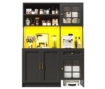 Aparador 130x45x180 cm - armario alto con puertas de vidrio y led - negro