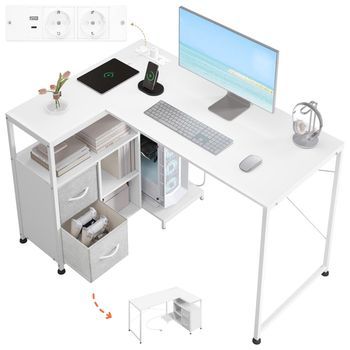 Escritorio Esquinero, Mesa Para Ordenador Con Tomas De Corriente Y Puerto Usb-a Tipo C, Estante Reversible, 120x80cm, Blanco