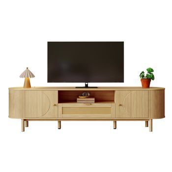 Mesa De Tv 175 Cm, Mueble Para Tv Moderno Con Cajones De Ratán Y Puertas Curvas, Mdf Y Metal, Color Madera.