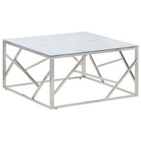 mesa de centro 80x80x40 cm acero inoxidable cristal templado con acabado de marmol blanco - plateado