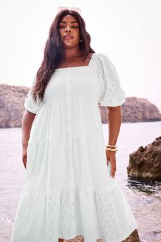 Yours Vestido Blanco Con Bordados Y Botones De Adorno, Mujer Curvy Y Tallas Grandes, Yours