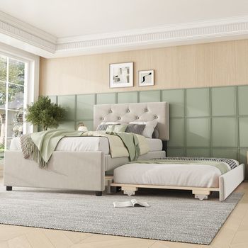 Cama Tapizada 90x200 Cm Con Somier De Lamas Y Cofre Con Ruedas, Terciopelo Beige, Minimalista