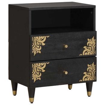 Armario De Noche - Mueble Para Dormitorio - Madera De Mango Maciza - Negro (50x33x62cm)
