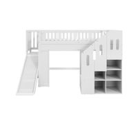 cama alta infantil 90x200 - con tobogan barandilla y escalera con almacenaje led - blanco