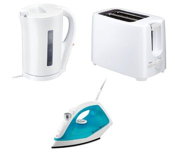 ESSENTIALS C12IR13 Steam Iron, C17JKW17 Jug Kettle & C02TW17 2-Slice Toaster Bundle - White, White