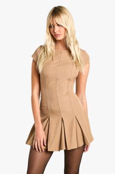 Vestido Mini Plisado Con Mangas Casquillo, Beige