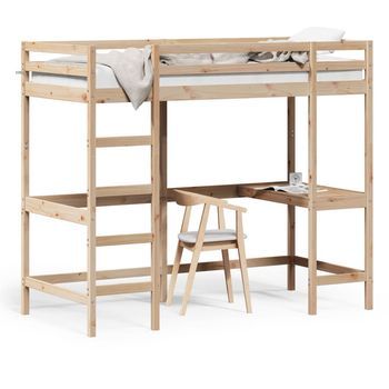 Cama Individual | Cama Para Adultos | Cama Alta Con Escritorio Madera Maciza De Pino 90x200 Cm