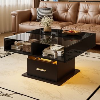 Mesa De Centro Elevable Negra 78 × 78 Cm Con Led Y Almacenaje