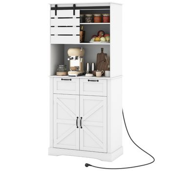 Costway Armario Despensa de Cocina con Toma de Corriente Armario Alto para Café con Puertas Cajones y Estante Ajustable Soporte Blanco