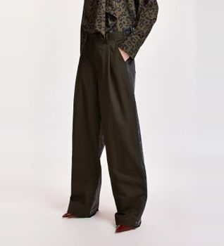 Essentiel Antwerp para mujer. KRISP Pantalón de pernera ancha en dos tejidos caqui, negro (36), Casual, Verde, Poliamida