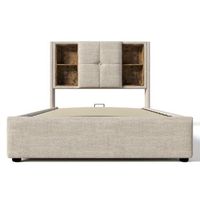 cama canape tapizada 90x200cm con cabezal de almacenamiento y carga inalambrica tela de lino beige
