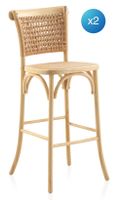 pack 2 taburetes madera de olmo con asiento y respaldo trenzado