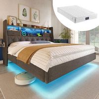 cama suspendida 140 x 200 cm led cabecero con almacenamiento 1 tipo c  3 usb  cama doble lino gris con colchon