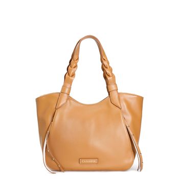 bolso shopping con bolsillos laterales con asas trenzadas tan