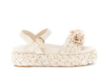 sandalias gilda en cuña con banda de rafia y flores beige