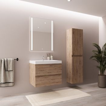 Conjunto De Mueble De Baño Roble Claro 60 Cm - Lavabo Blanco - Conjunto De Muebles De Baño - Mueble Para Lavabo - Armario Alto De Baño [avalon] Lomazoo