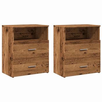 Pack 2 Uds Mesitas De Noche | Mesilla De Noche Madera Ingeniería Envejecida 50x32x60 Cm