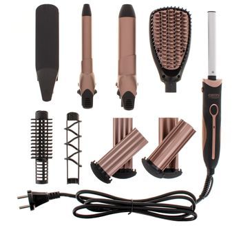 Set Cuidado Y Estilo Pelo 5 En 1 Plancha, Rizador, Tenacillas, Moldeador, Cepillo Alisador Oro Rosado/negro 50w Camry Cr2024