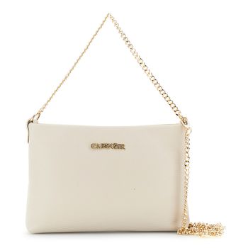 bolso clutch de piel tipo dólar, bandolera y asa con cadena y mosquetones cream