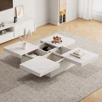 mesa de centro cuadrada blanca con efecto marmol 90 x 90 cm tablero deslizante y 4 cajones