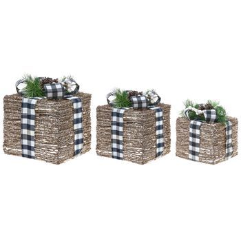 Conjunto De 3 Decoraciones Regalos De Navidad Ratán Con Luces Led Blancas Cálidas Con Lazos Adornos Festivos Para Interior Marrón Arreskov