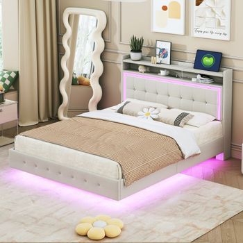 Cama Tapizada 140 X 200 Cm Con Cabecero - Toma Usb + Led - Tela De Lino - Beige