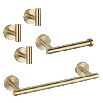 Conjunto Charles 40 Dorado Cepillado  Toallero + Portarrollos + 3 Perchas