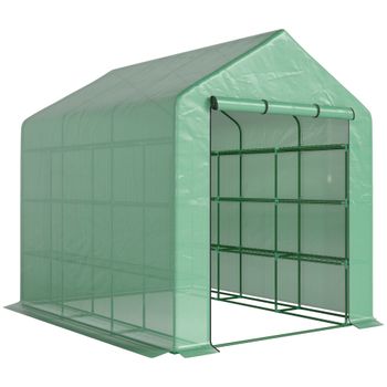 Outsunny Invernadero de Exterior con Estantes de 4 Niveles Puerta con Cremallera y Marco de Acero 244x180x210 cm Verde