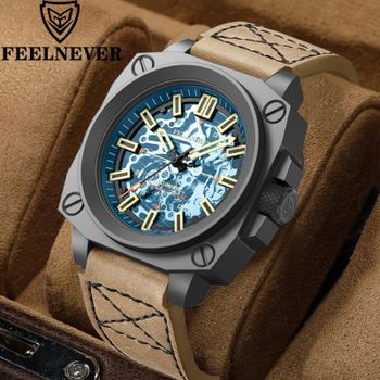 FeelNever-reloj mecánico de lujo para hombre, cronógrafo automático, con correa de cuero, estilo militar, deportivo e informal, resistente al agua