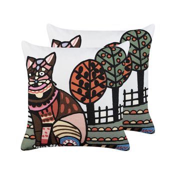 Conjunto De 2 Cojines De Algodón Blanco Negro Marrón 50 X 50 Cm Gato Mehsana