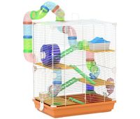 pawhut jaula para hamster de 5 niveles casa para roedores pequenos con tunel plataformas cuenco bebedero casita rampas y rueda de ejercicio para jerbos 46x30x58 cm naranja