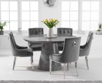 Ravello 130cm Round Grey Marble Dining Table with Talia Velvet Chairs - Grey, 4 Chairs