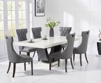 raphael 200cm white and black pedestal marble dining table with freya chairs
