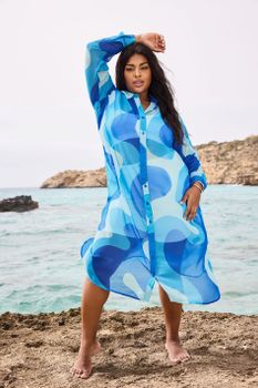 Limited Collection Camisa Playera Larga Azul Estampada, Mujer Curvy Y Tallas Grandes, Limited Collection
