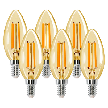 Aigostar Bombilla LED vela Edison, 6W Equivalente a 51W, Casquillo Fino E14, Luz Cálida 2200K, 660 Lúmenes, Bombilla LED Vintage Decorativa C35 de Filamento, No Regulable, Cristal ámbar, Pack 6