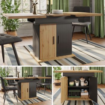 Mesa De Comedor Extensible Con 2 Puertas - Mdf - Diseño Bicolor - Negro + Natural