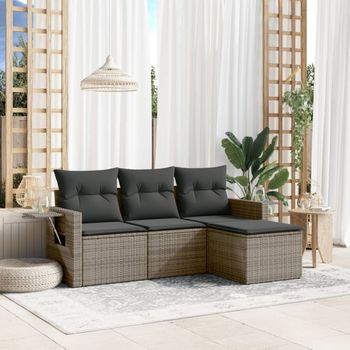 Conjunto De Sofás De Jardín 4 Uds | Mueble Jardin Mesa Y Sillas Y Cojines Ratán Sintético Gris Cfw883188