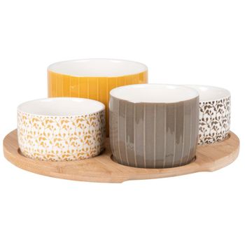 Set de 4 cuencos aperitivo cerámica gris/blanco/amarillo y plato bambú