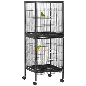 PawHut Jaula para Pájaros de 2 Niveles con Ruedas Bandejas Extraíbles Negro