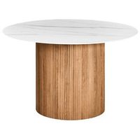 mesa de comedor moderna redonda  120 cm pata acanalada industrial mdf blanco marmol albina