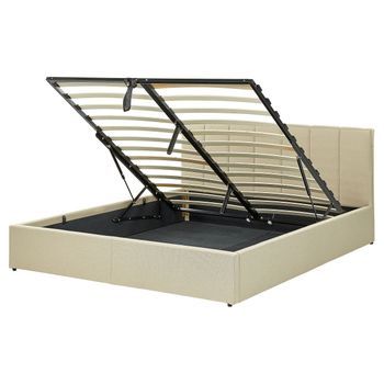 Cama Con Somier De Poliéster Beige Negro 160 X 200 Cm Cabecero Almacenaje Dreux