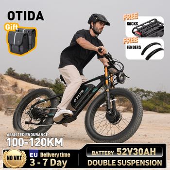 Bicicleta Eléctrica Todoterreno OTIDA X2 con Doble Motor, 52V30Ah, Neumáticos Gruesos de 26 Pulgadas, Bicicleta Eléctrica de Montaña para Adultos