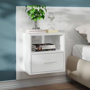 Mesita De Noche De Pared - Madera Contrachapada - Blanco Brillante (48.5x32.5x80cm)