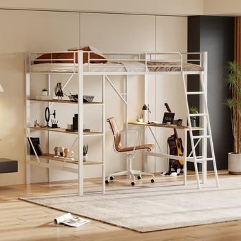 Cama Loft Individual De Metal Blanco Con Escritorio Y 3 Grandes Estanterías De Almacenamiento Para Niños, Adolescentes Y Adultos 90x200 Cm