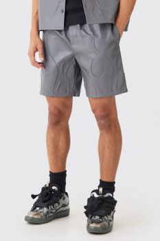 Pantalón Corto Holgado De Cuero Sintético Con Estampado De Llamas En Relieve Y Cintura Elástica, Gris