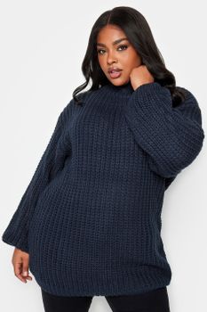 Yours Jersey De Punto Azul Marino Con Cuello Alto Y Manga Globo, Mujer Curvy Y Tallas Grandes, Yours