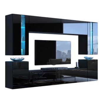 Conjunto De Muebles De Salón Negros Colgantes Colección Cepto Xxiv. 240cm, 8 Muebles, Leds, Modulares.